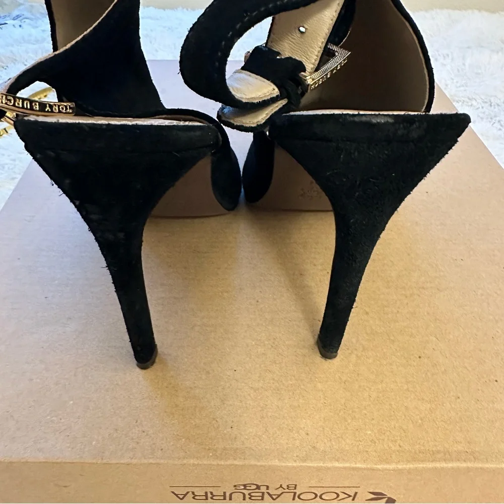 Tory Burch Britannia Black Suede Peep Toe Slingback Heels Women’s Size 8